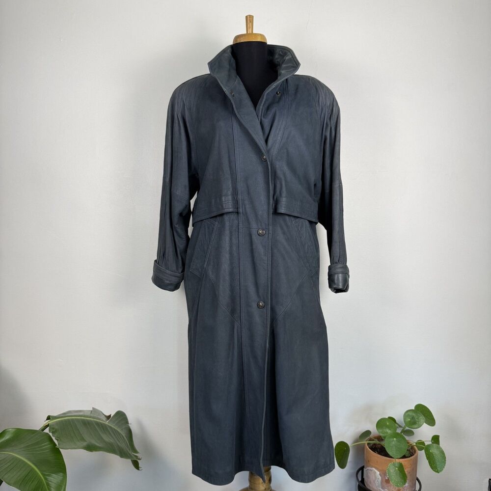 Vintage Genuine Leather Trench Coat, Slate-Gray-Blue - Picture 2 of 16